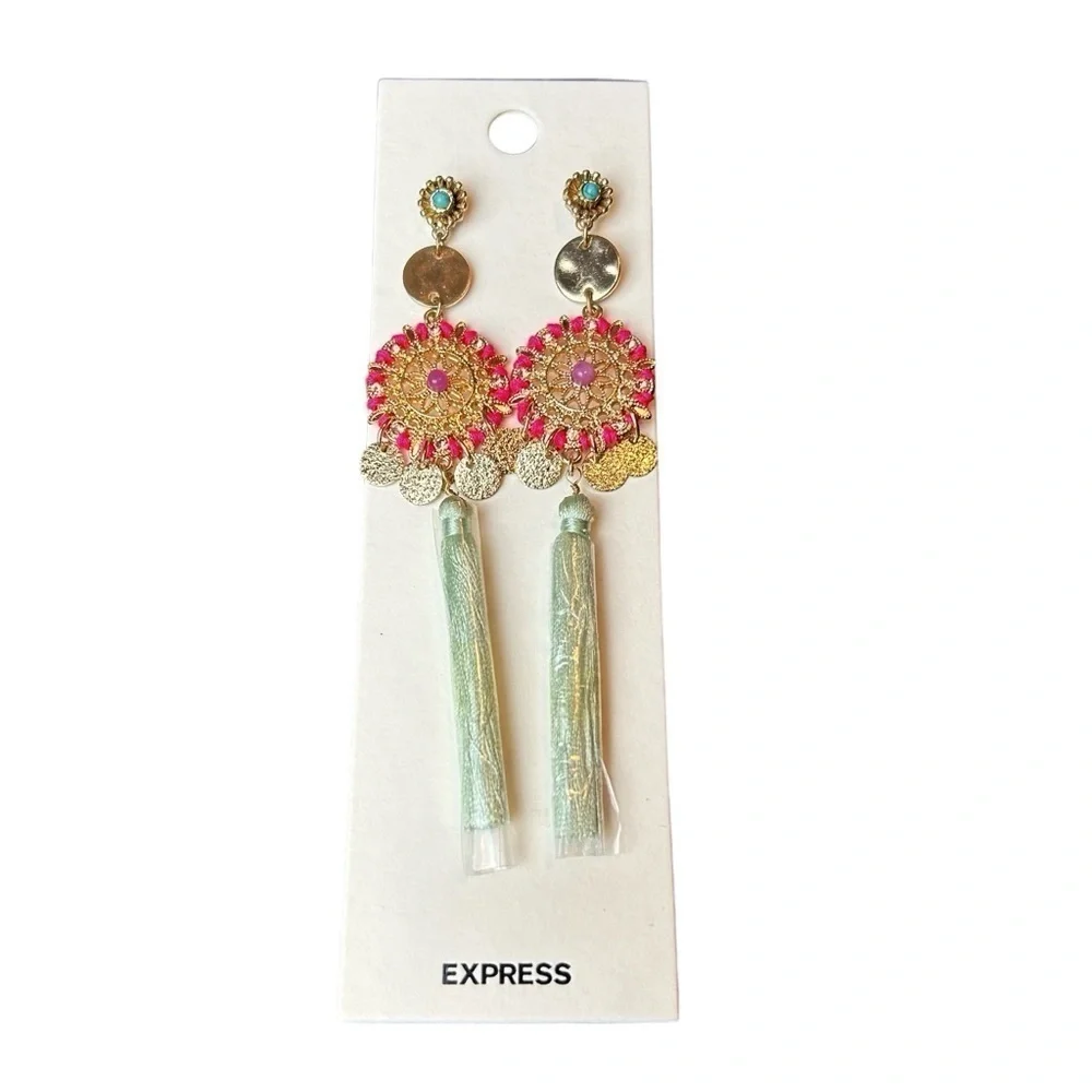 Statement Long Dangle Pierced Earrings From Express Gold Charms Beads & Fringe